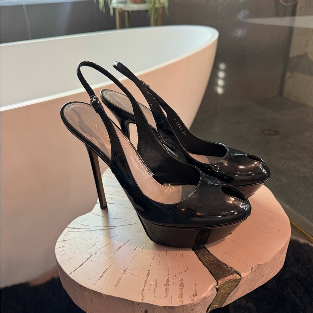 Sergio Rossi Patent Elegant Black Slingback Heels